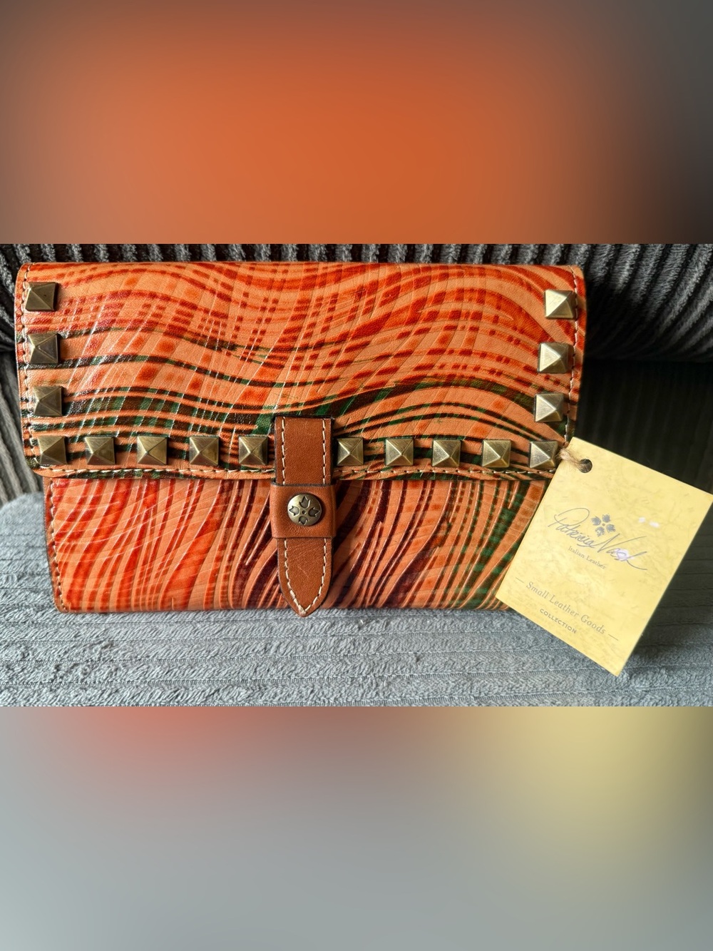 Patricia Nash Orange Multi Studded Leather Wallet with Tag Wavy Striped